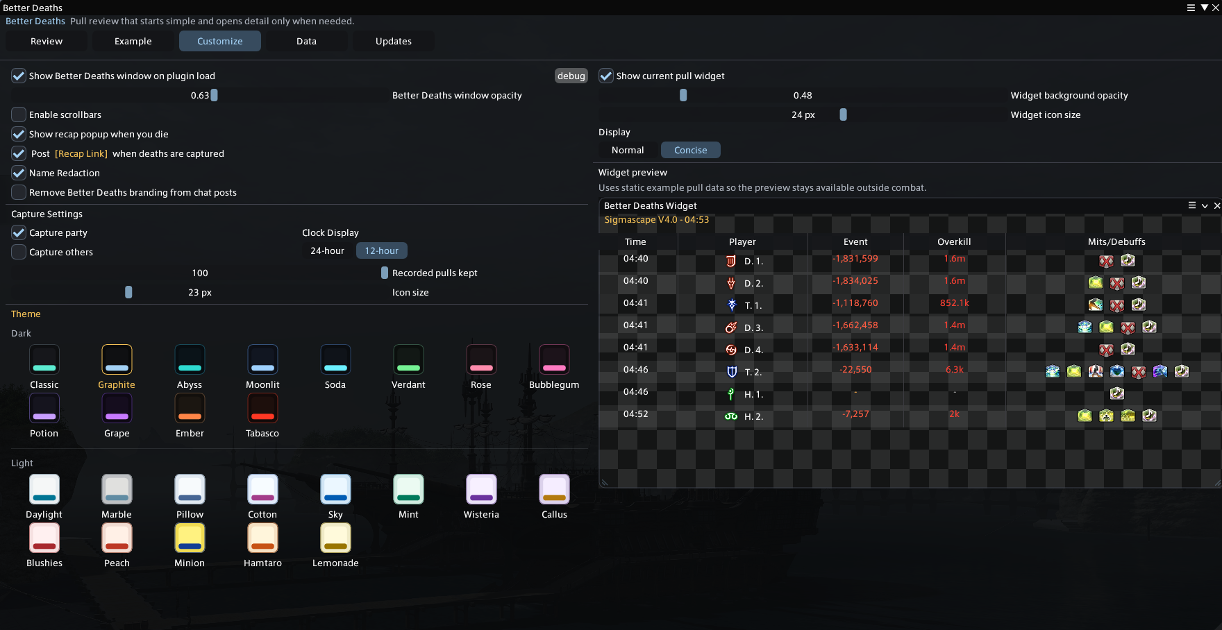 Better Deaths customization tab with theme options and widget preview