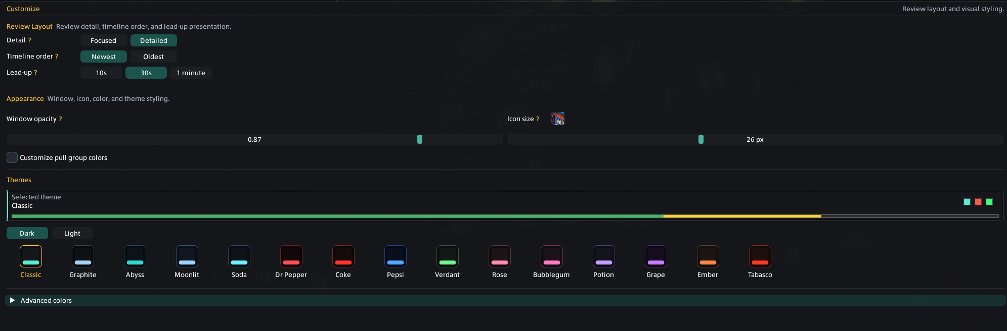 Better Deaths Customize showing Review layout, timeline order, lead-up duration, opacity, icon size, pull colors, themes, and Advanced colors