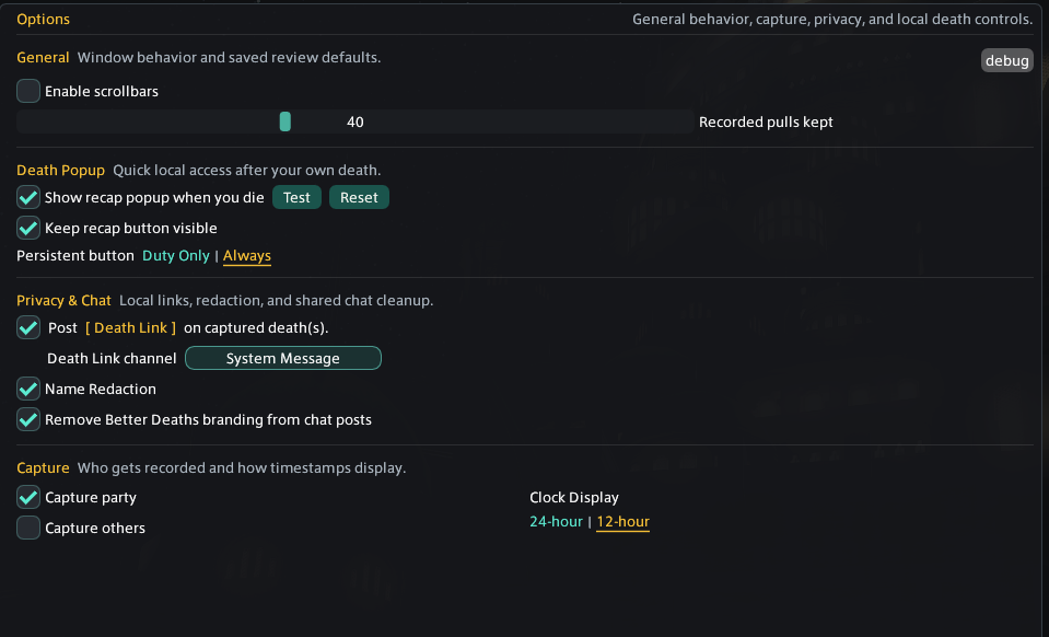 Better Deaths Options showing General, Death Popup, Privacy and Chat, Capture, and Clock Display controls
