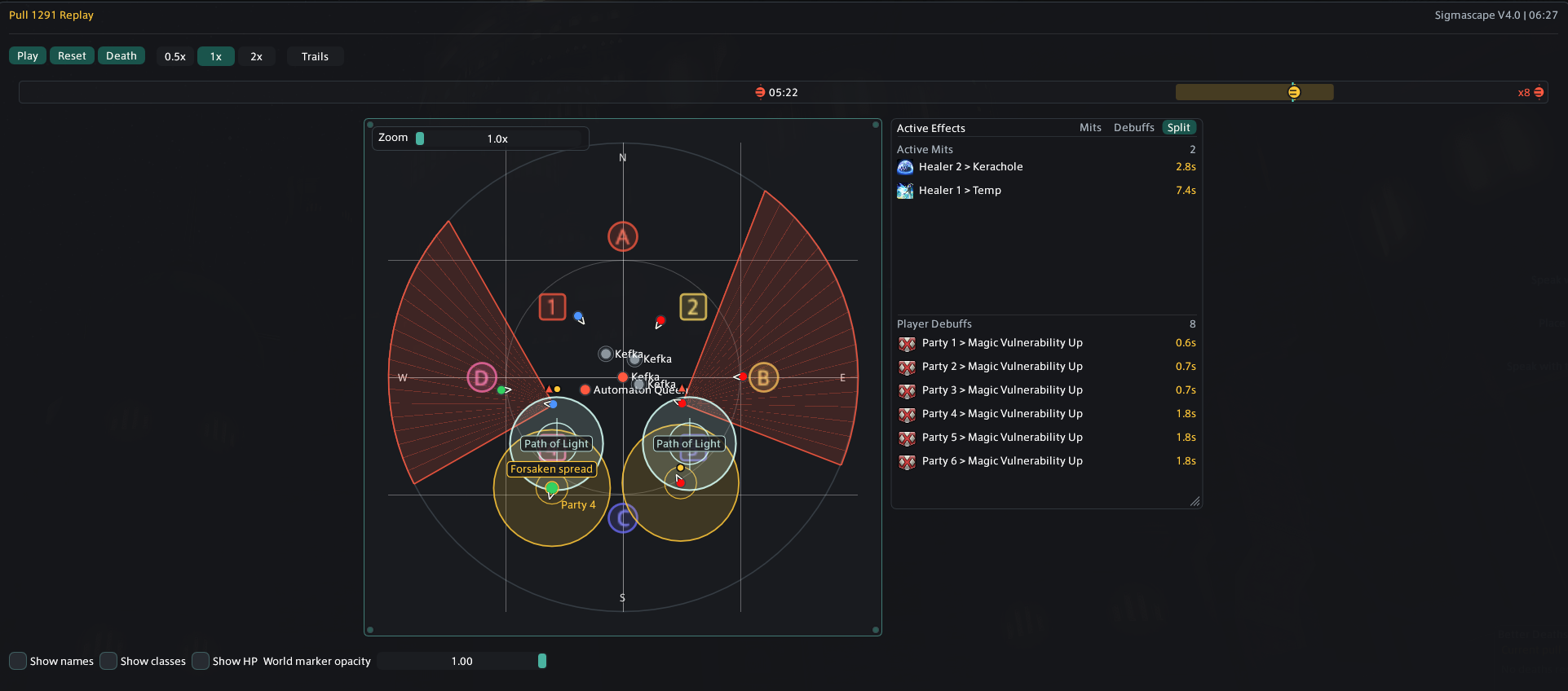 Better Deaths Replay showing an arena, players, mechanics, timeline, and active effects