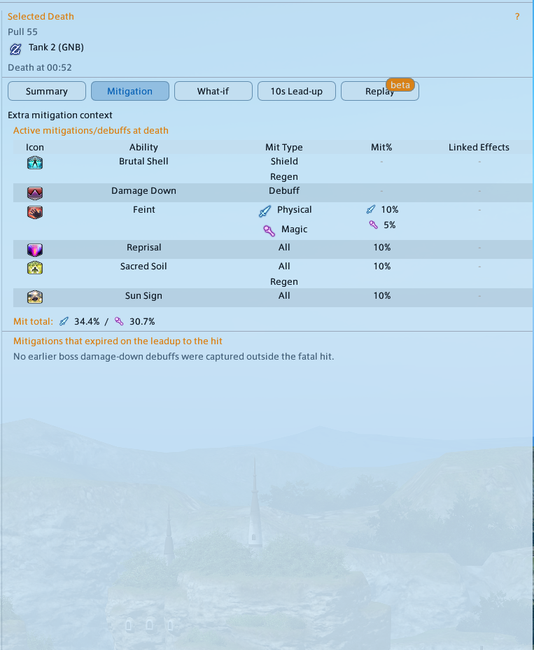 Better Deaths mitigation context showing active mitigation and calculated mitigation totals
